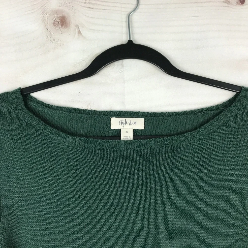 Style&Co Sweater Womens 0X Green Ruffle Trim Pullover Boat Neck Long Sleeve Knit